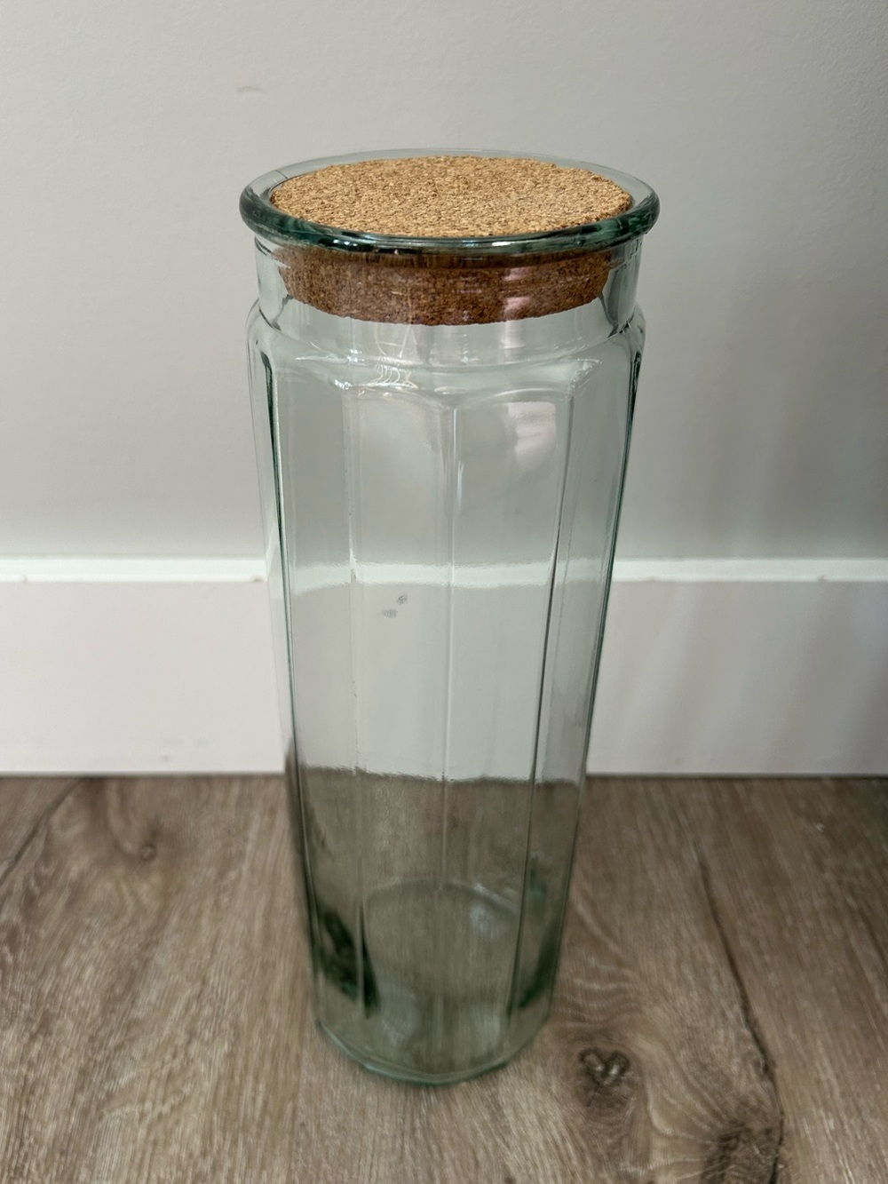 Vtg Spaghetti Glass Storage Jar with Cork Lid - Clear
